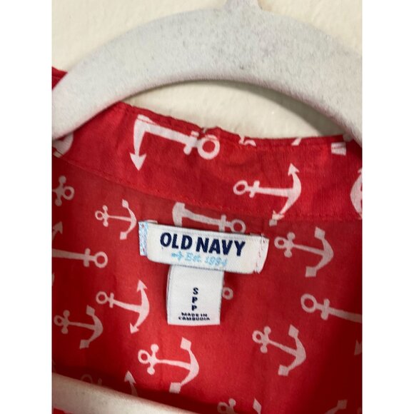 Old Navy Womens Red Anchor Print Button Up Shirt size Small Nautical sailor Ligh - Picture 3 of 15